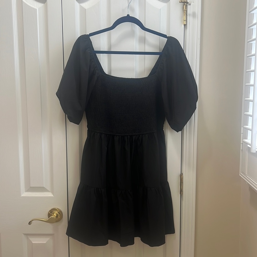 Black dress, smocked bust with puff sleeves